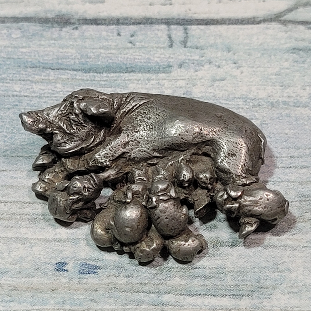 Vintage Rawcliffe Pewter Pig sow with Piglets Miniature Figurine.